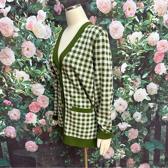 Tory Burch Simone Green Gingham Cardigan - Picture 4 of 7